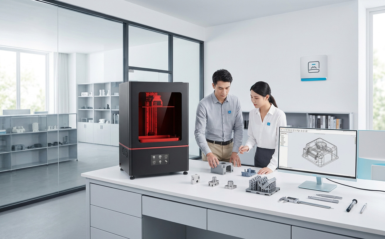 engenheiro avaliando protótipos impressos em resina em laboratório iluminado