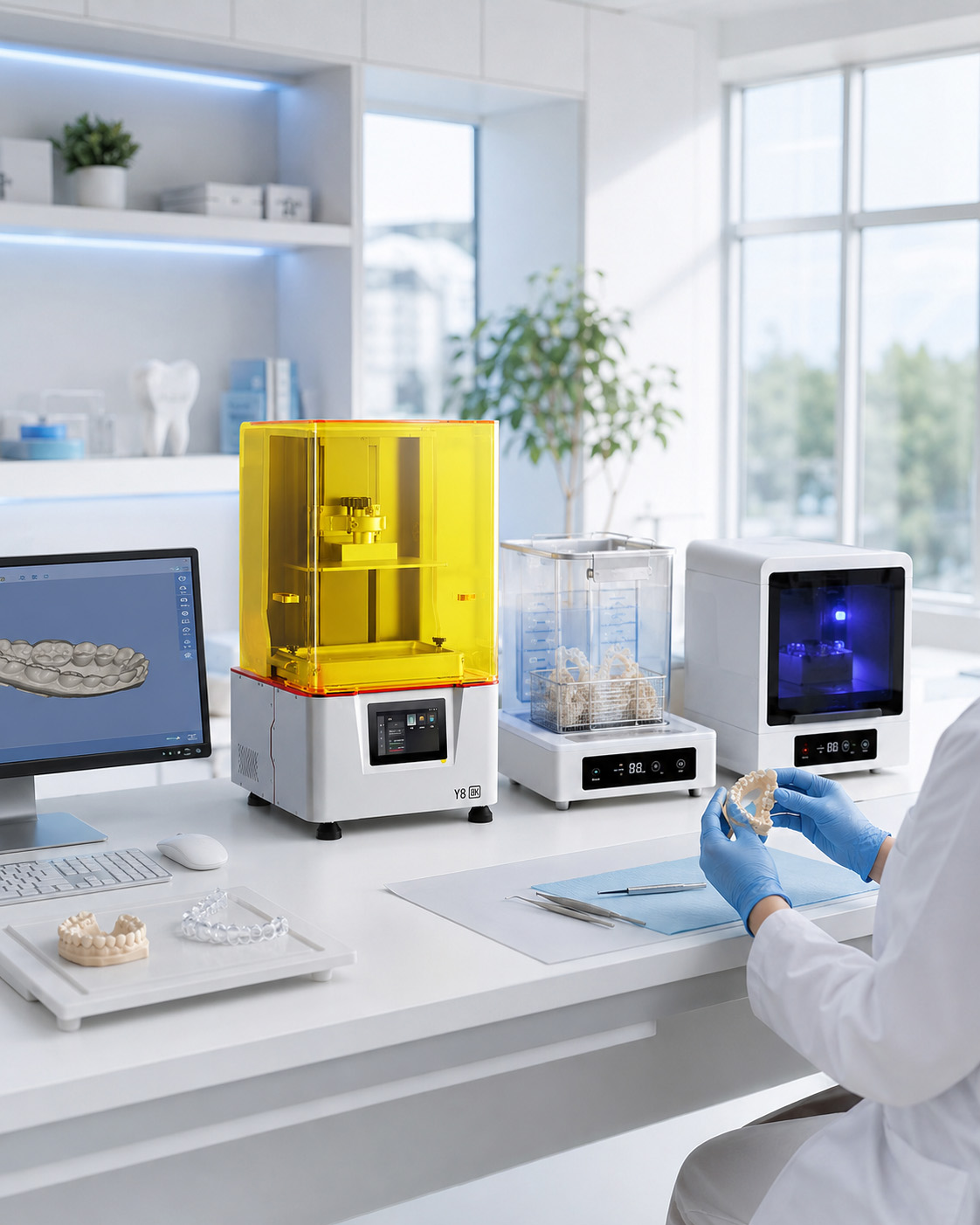fluxo digital odontológico com impressora 3D, modelos dentários e pós-processamento