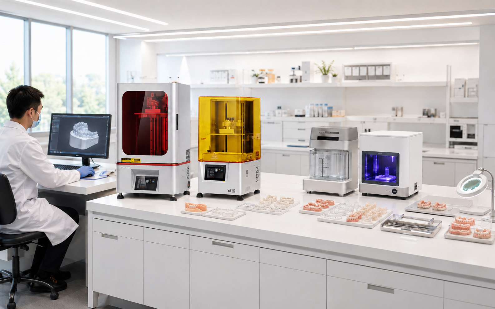 laboratório odontológico digital com impressão 3D, limpeza e cura UV