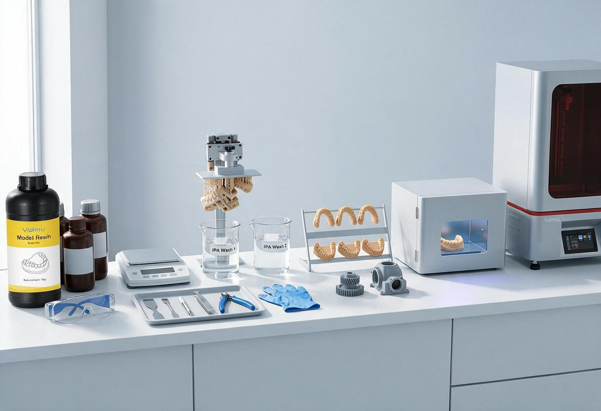 resinas, limpeza, cura UV e inspeção em fluxo profissional de impressão 3D
