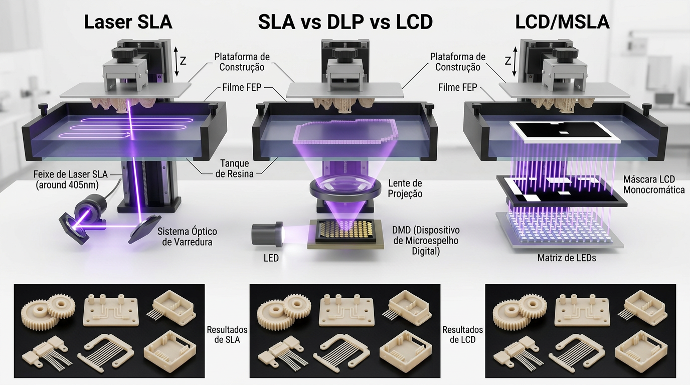 sla vs dlp vs lcd diferenças entre impressoras 3d de resina