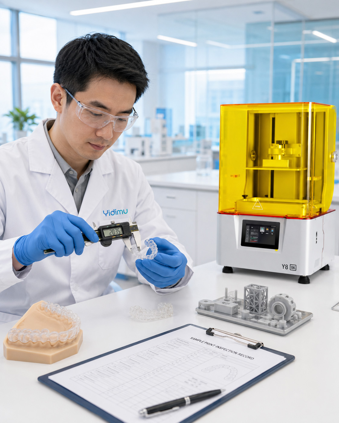 técnico inspecionando amostras impressas em 3D em laboratório claro